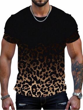 RoseSeek Men's Leopard Ombre Summer Tops Slim Fit Short Sleeve XL